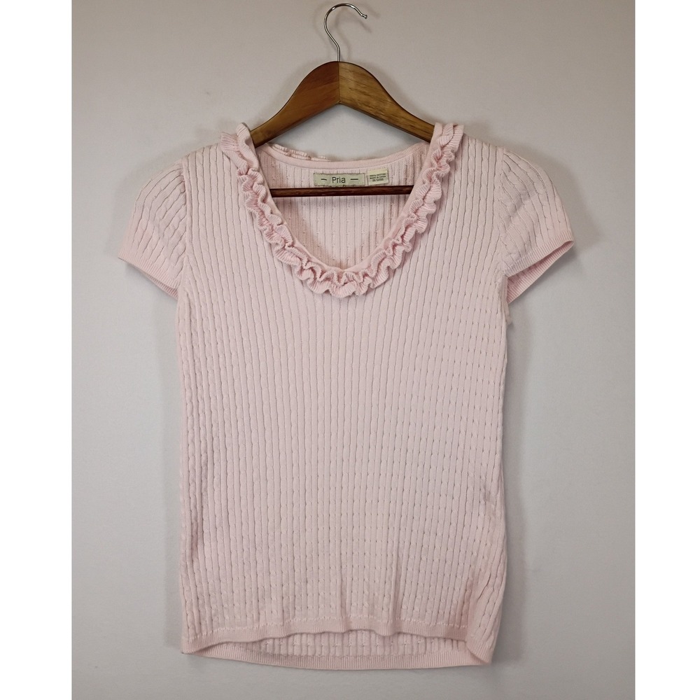 Coquette Pria Womens Small Pink Ruffle V-Neck Cable Knit Short Sleeve Cotton Top